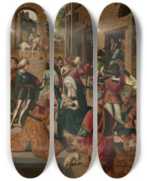 Triptych art skateboard deck of Workshop Of Jacob Cornelisz Van Oostsanen The Adoration Of The Magi by Workshop of Jacob Cornelisz. van Oostsanen (1470-1533)