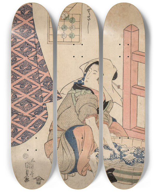 Triptych art skateboard deck of Utagawa Kunisada Toyokuni Iii Seated Woman Washing Clothes In A Wooden Tub by Utagawa Kunisada (Toyokuni III) (1786-1865)