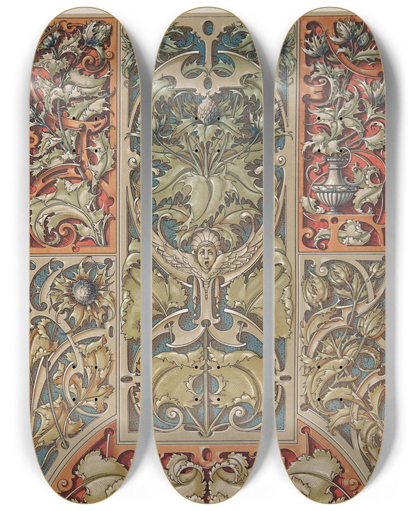 Triptych art skateboard deck of Anton Seder Die Pflanze In Kunst Und Gewerbe Pl102 by Anton Seder (1850-1916)