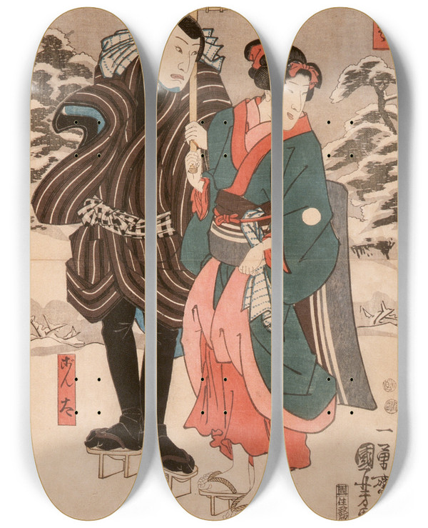 Triptych art skateboard deck of Utagawa Kuniyoshi Osayo And Genta by Utagawa Kuniyoshi (1797-1861)