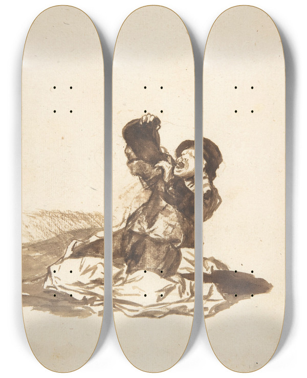 Triptych art skateboard deck of Francisco De Goya A Man On The Ground Drinking From A Wine Skin by Francisco de Goya (1746-1828)