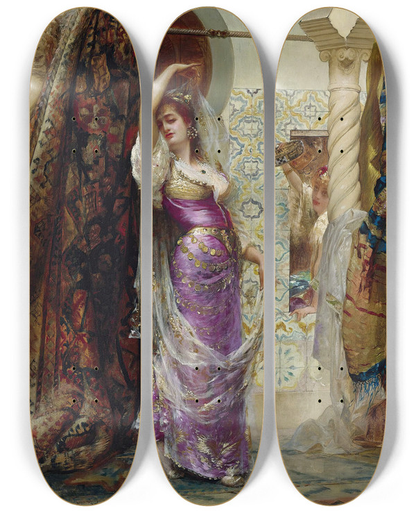 Triptych art skateboard deck of Douard Frdric Wilhelm Richter Preparing For The Performance by douard Frdric Wilhelm Richter (1844-1913)