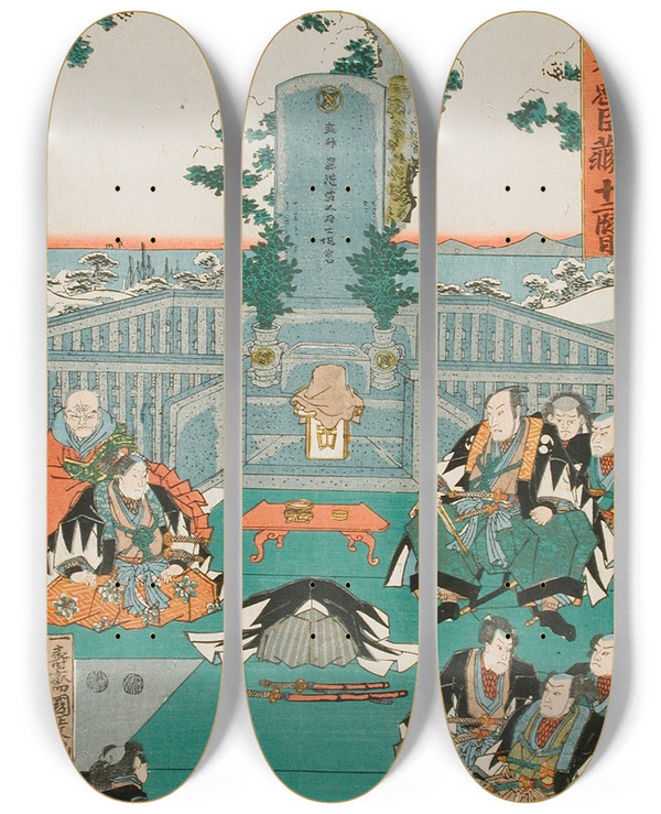 Triptych art skateboard deck of Utagawa Kunisada Toyokuni Iii Act Xi End The Rnin Paying Homage To The Tomb Of Enya At The Temple Sengakuji Having Brought The Head Of Moronao As An Offering by Utagawa Kunisada (Toyokuni III) (1786-1865)
