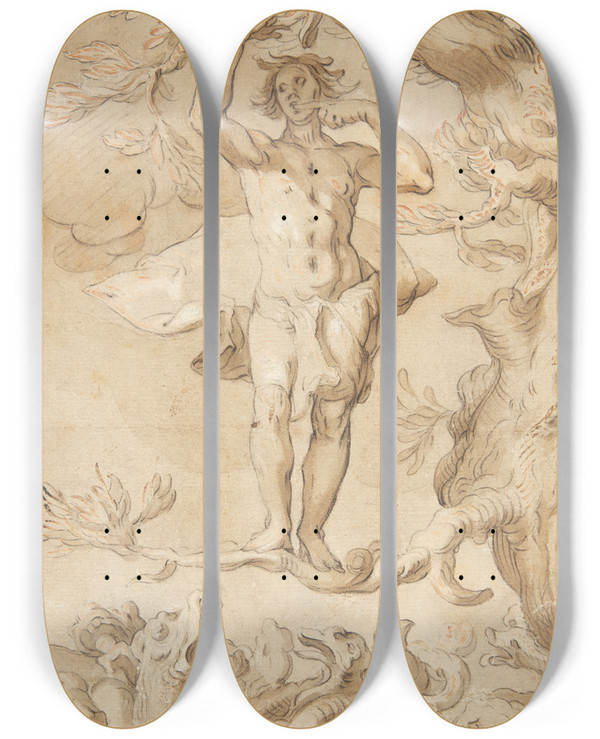 Triptych art skateboard deck of Abraham Bloemaert Den Menneskelige Gldes Skrbelighed En Mand Der Jages Af En Drage Klynger Sig Til En Gren Mens Han Slikker Honning Af Sin Finger by Abraham Bloemaert (1564-1651)