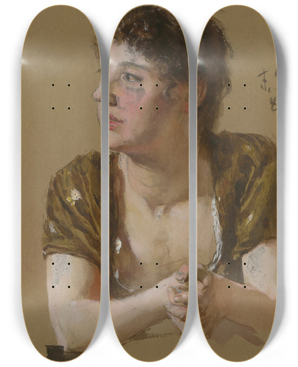 Triptych art skateboard deck of Dominik Skuteck Study Of A Women Portrait by Dominik Skutecky (1849-1921)