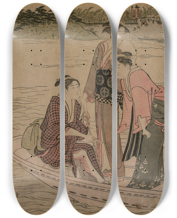 Triptych art skateboard deck of Torii Kiyonaga Passengers In A Ferry Boat On The Sumida River_1 by Torii Kiyonaga (1752-1815)