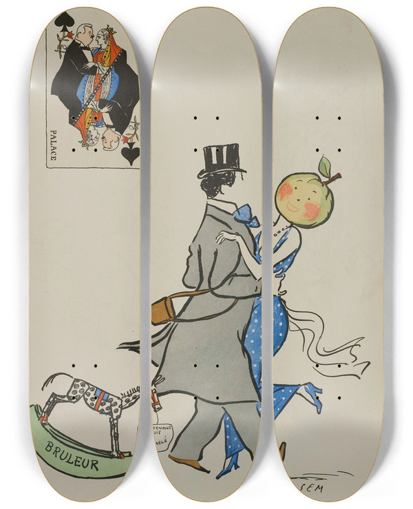 Triptych art skateboard deck of Georges Goursat Sem A La Martinique Cornuch M De Saintalary Melle Frmont by Georges Goursat (Sem) (1863-1934)
