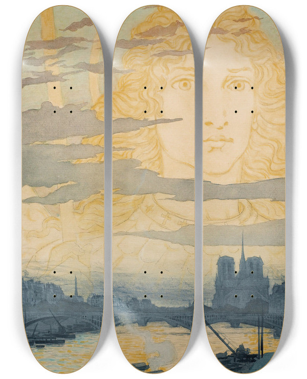 Triptych art skateboard deck of Eugne Grasset Sainte Genevive Veillant Sur Paris by Eugene Grasset (1841-1917)