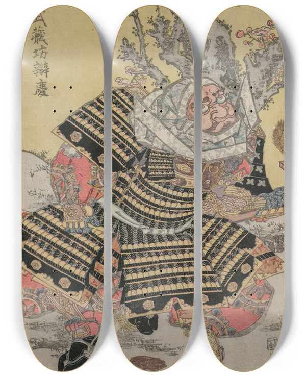 Triptych art skateboard deck of Utagawa Kunisada Toyokuni Iii Musashibo Benkei Kneeling By A Plum Tree by Utagawa Kunisada (Toyokuni III) (1786-1865)