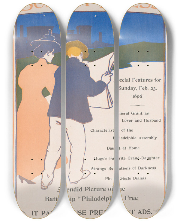 Triptych art skateboard deck of George Reiter Brill Philadelphia Sunday Press February 23 1896 by George Reiter Brill (1867-1918)