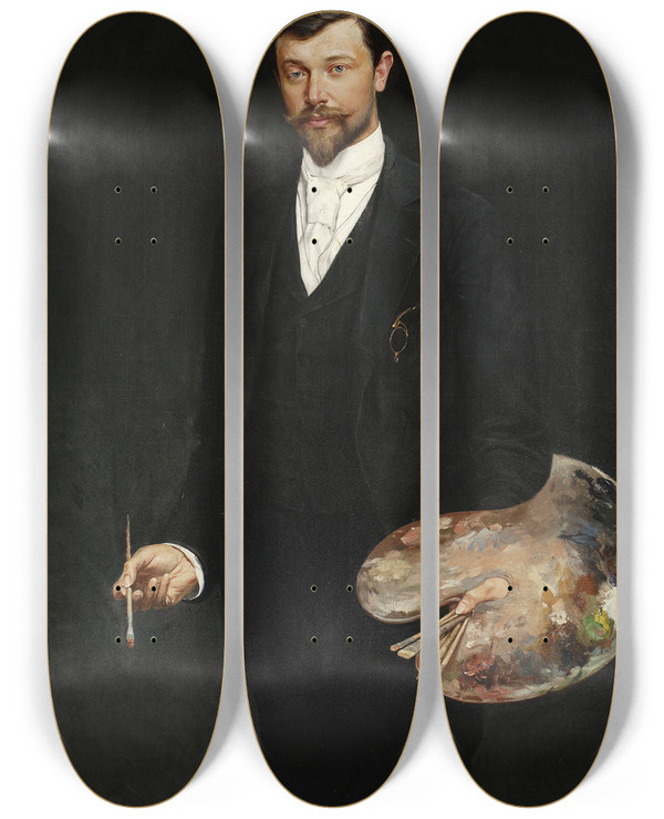 Triptych art skateboard deck of Wincenty Wodzinowski Selfportrait With Palette by Wincenty Wodzinowski (1866-1940)