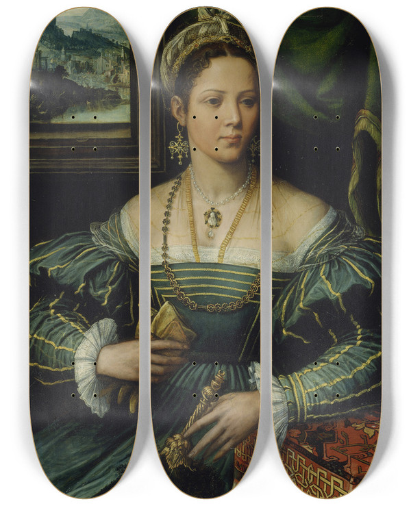 Triptych art skateboard deck of Girolamo Da Carpi Portrait Of A Lady by Girolamo Da Carpi (1501-1556)