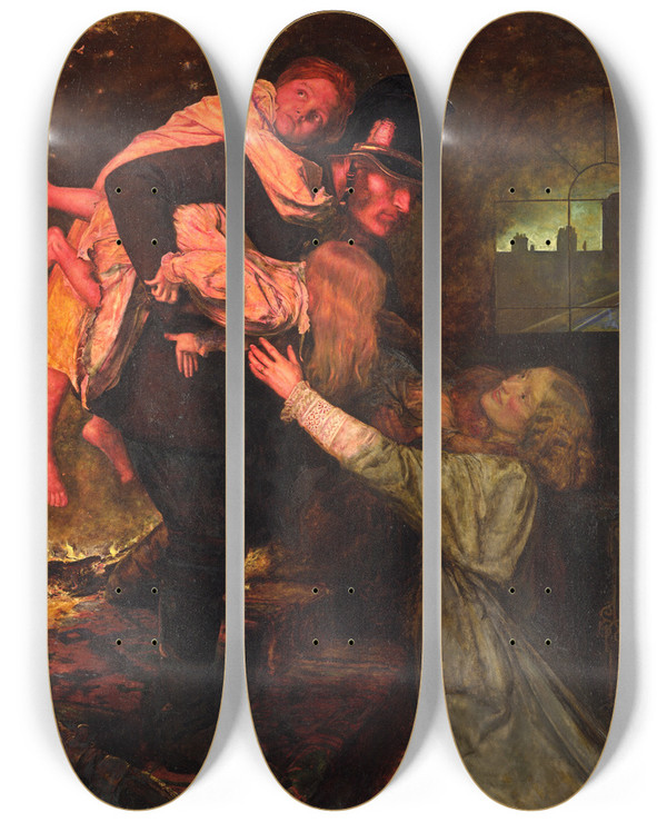 Triptych art skateboard deck of Sir John Everett Millais The Rescue_1 by Sir John Everett Millais (1829-1896)