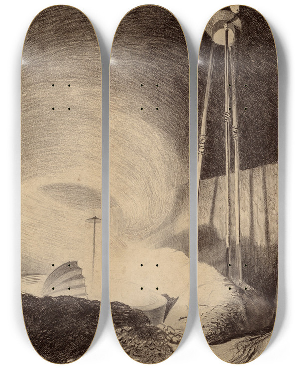 Triptych art skateboard deck of Henrique Alvim Corra Martian Viewing Vapor Cloud by Henrique Alvim Correa (1876-1910)