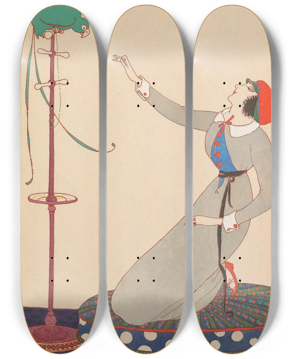 Triptych art skateboard deck of Charles Martin La Dame Et Le Perroquet by Charles Martin (1884-1934)