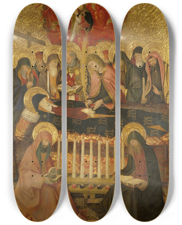 Triptych art skateboard deck of Pedro Garca De Benavarre Dormition Of The Virgin by Pedro Garcia De Benavarre (1445-1485)