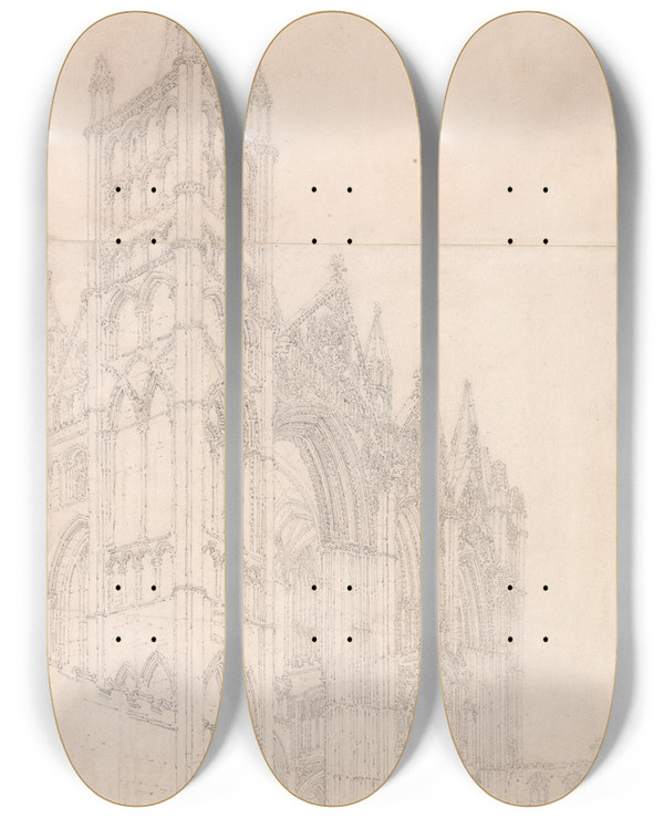 Triptych art skateboard deck of Thomas Girtin Peterborough Cathedral Cambridgeshire by Thomas Girtin (1775-1802)