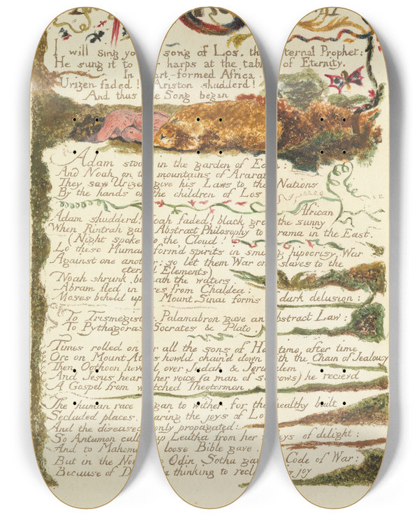 Triptych art skateboard deck of William Blake The Song Of Los Lambeth Pl3 by William Blake (1757-1827)