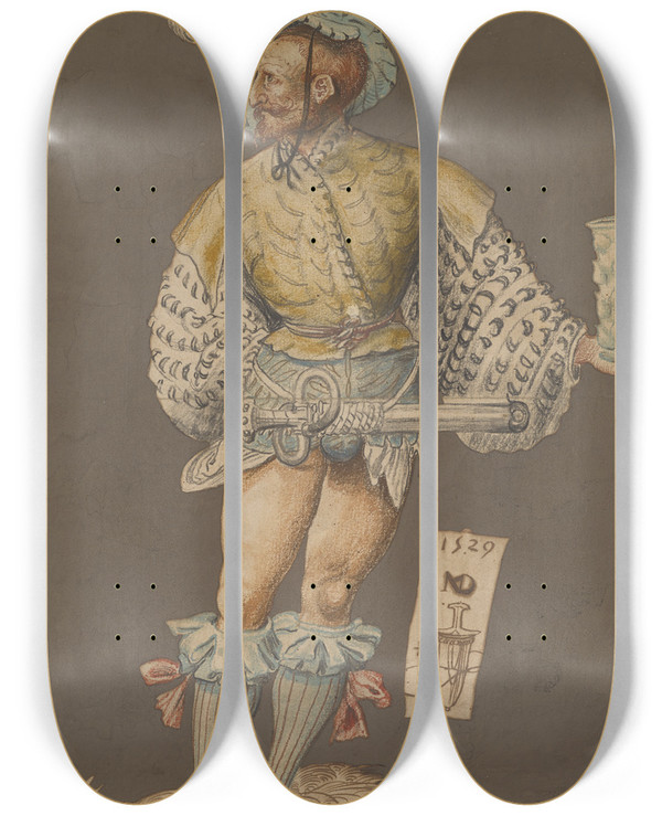 Triptych art skateboard deck of Niklaus Manuel Der Widersacher Des Eidgenossen by Niklaus Manuel (1484-1530)