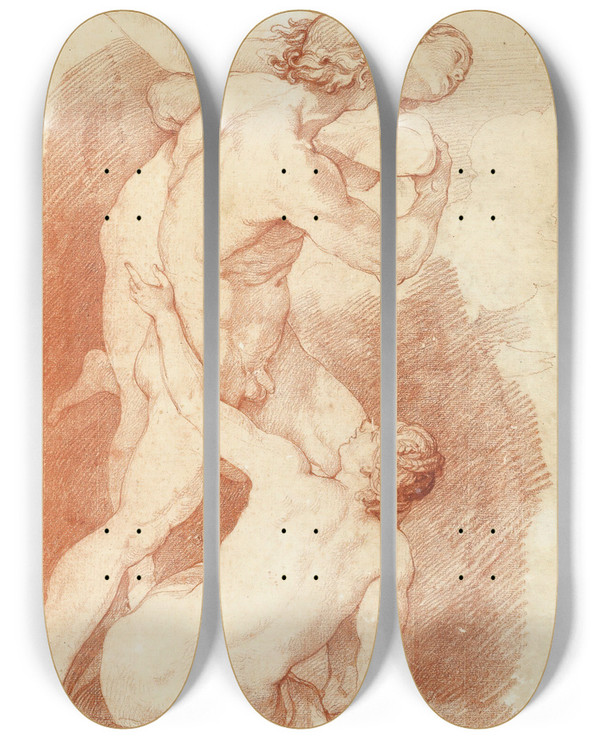 Triptych art skateboard deck of Charlesjoseph Natoire The Abduction Of Helen by Charles Joseph Natoire (1700-1777)