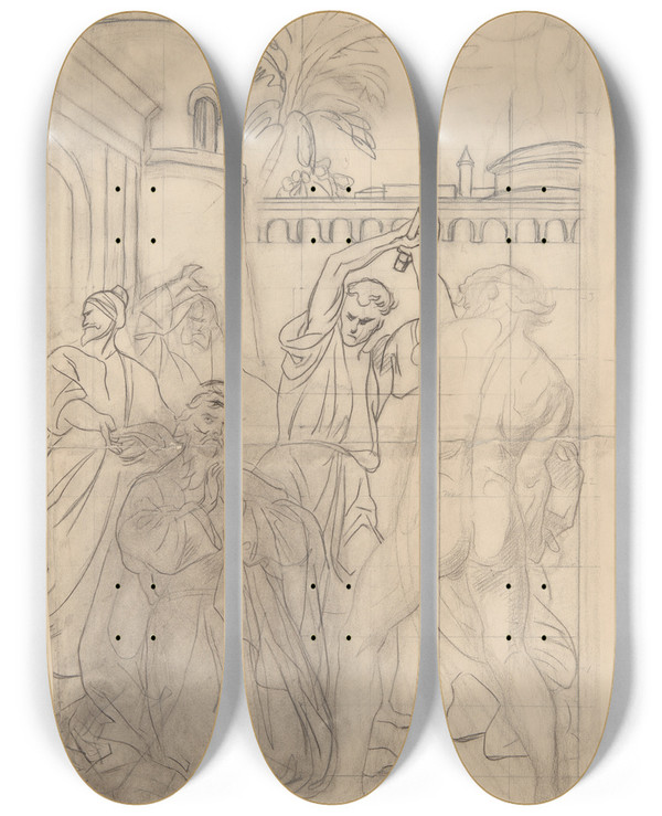 Triptych art skateboard deck of Jzef Simmler Composition Sketch To The Painting Martyrdom Of St Matthias by Jozef Simmler (1823-1868)