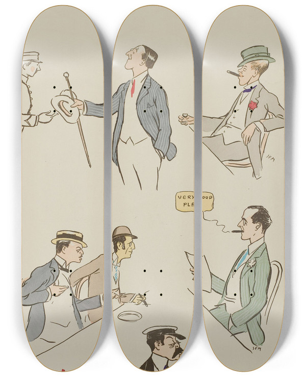 Triptych art skateboard deck of Georges Goursat Sem Ciros Bar by Georges Goursat (Sem) (1863-1934)