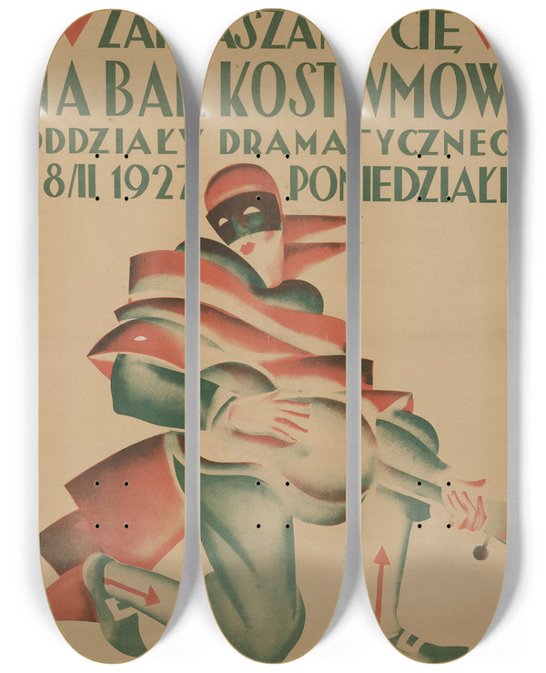 Triptych art skateboard deck of Zygmunt Glinicki Warszawo Zapraszamy Ci Na Bal Kostiumowy by Zygmunt Glinicki (1898-1940)
