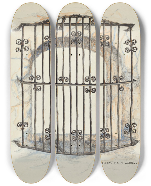 Triptych art skateboard deck of Harry Mann Waddell Iron Grille At Window_3 by Harry Mann Waddell (1876-1956)