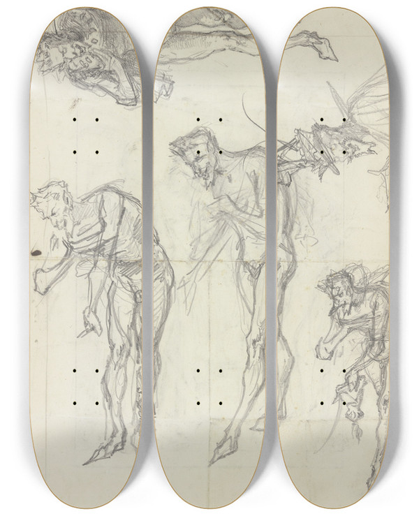 Triptych art skateboard deck of Ferdinand Fellner Studies Of Mephistopheles by Ferdinand Fellner (1799-1859)
