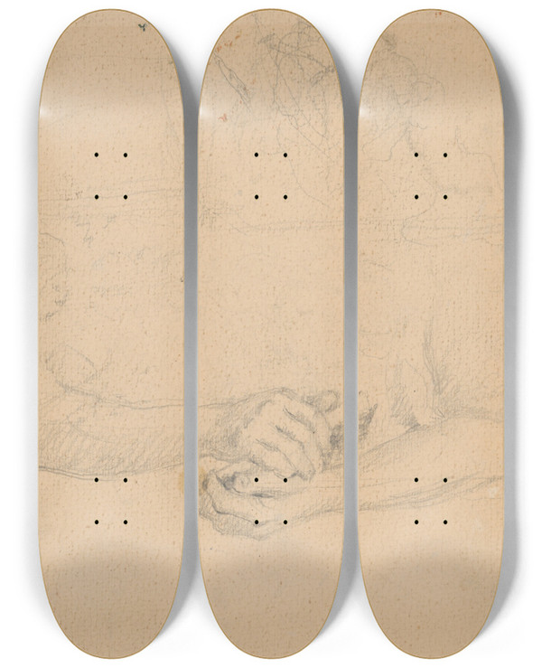 Triptych art skateboard deck of Gustv Mall Girls Hands With A Prayer Book by Gustav Mally (1879-1952)