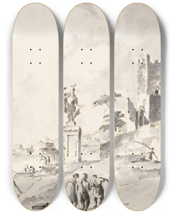 Triptych art skateboard deck of Giacomo Guardi Capriccio With A Statue Of A Warrior And A Ruined Castle On The Shore Of The Lagoon by Giacomo Guardi (1764-1835)