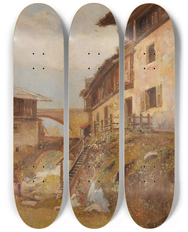 Triptych art skateboard deck of Paul Unbereit Tyrolean Motif by Paul Unbereit (1884-1937)