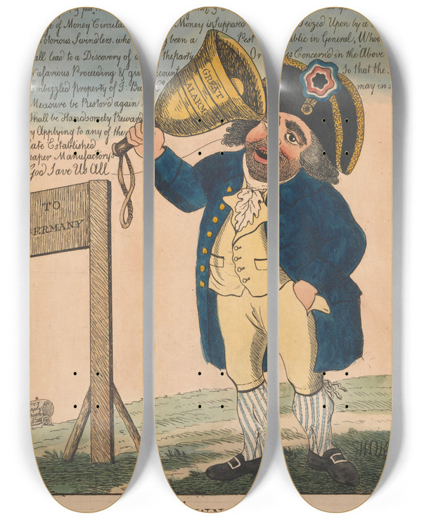 Triptych art skateboard deck of William Okeefe The Town Cryer In Search Of John Bulls Lost Property by William Okeefe