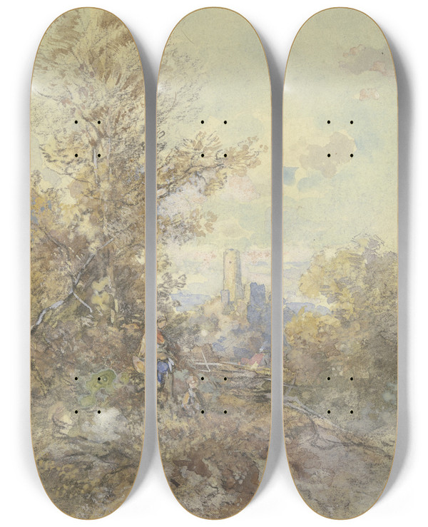 Triptych art skateboard deck of Anton Burger Landschaft Mit Buerin Kind Und Der Ruine Eppstein by Anton Burger (1824-1905)