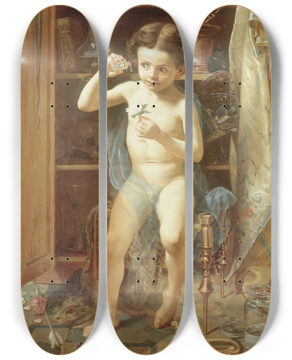 Triptych art skateboard deck of Manuel Ocaranza Pranks Of Love by Manuel Ocaranza (1841-1882)