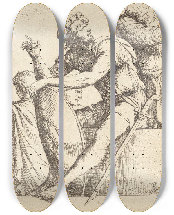 Triptych art skateboard deck of Salvator Rosa Seated Soldier With Shield And Two Other Figures by Salvator Rosa (1615-1673)