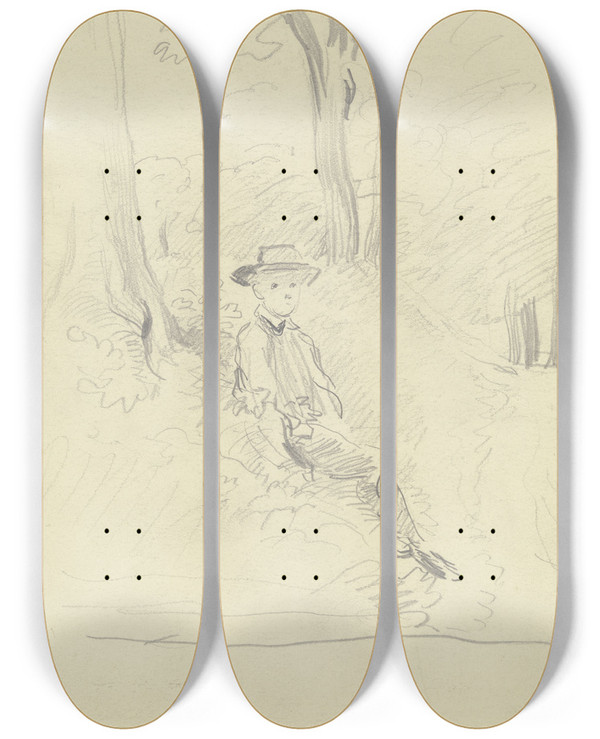 Triptych art skateboard deck of Otto Scholderer Sitzender Knabe Vor Bumen by Otto Scholderer (1834-1902)