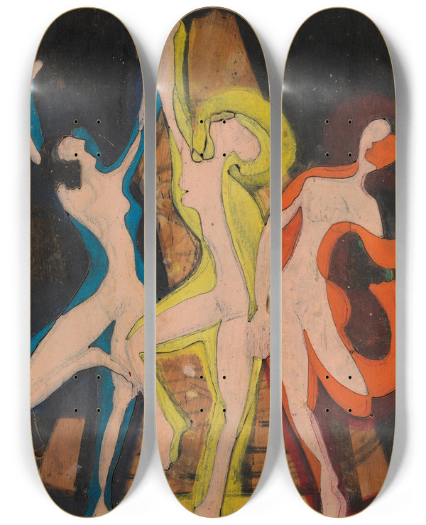 Triptych art skateboard deck of Ernst Ludwig Kirchner Farbentanz Farbstock Ii by Ernst Ludwig Kirchner (1880-1938)
