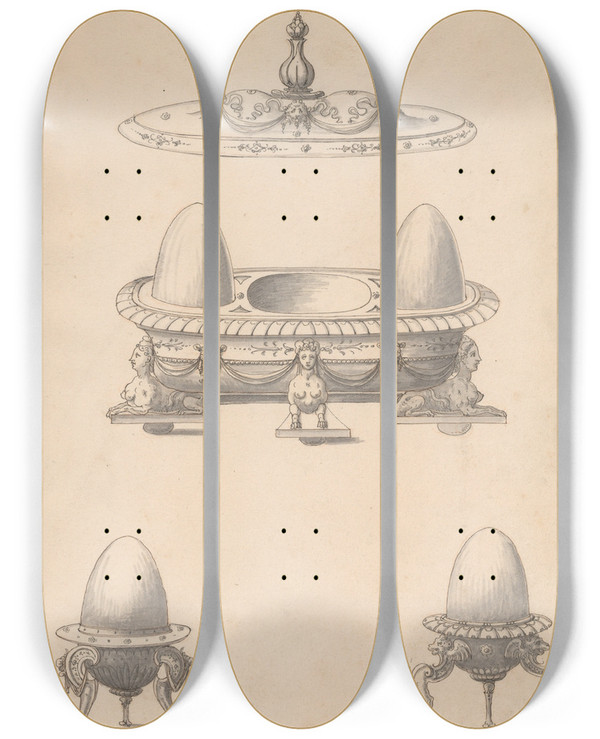 Triptych art skateboard deck of Erasmus Hornick Design For Parade Egg Cups And Combined Egg Cup And Salt Cellar With Lid by Erasmus Hornick (1520-1583)
