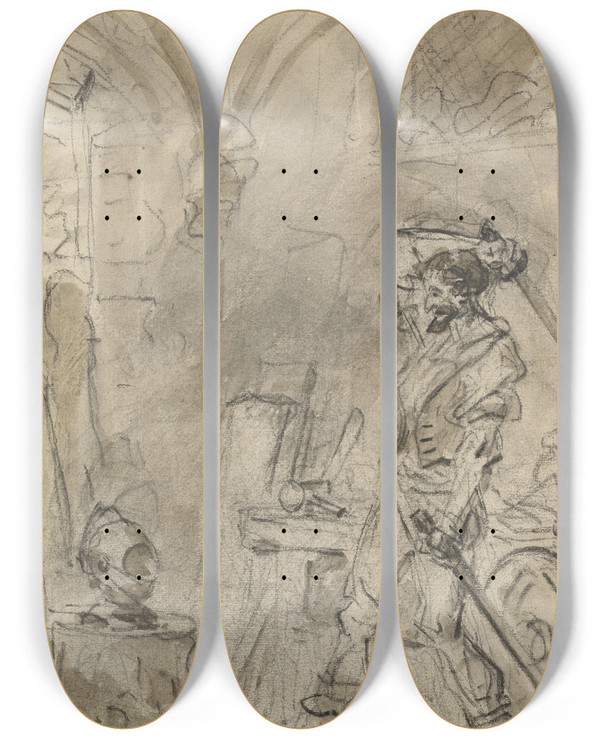 Triptych art skateboard deck of Jeanhonor Fragonard Don Quixote About To Strike The Helmet by Jean-Honor Fragonard (1732-1806)