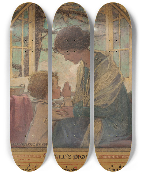 Triptych art skateboard deck of Jessie Willcox Smith A Childs Prayer by Jessie Willcox Smith (1863-1935)