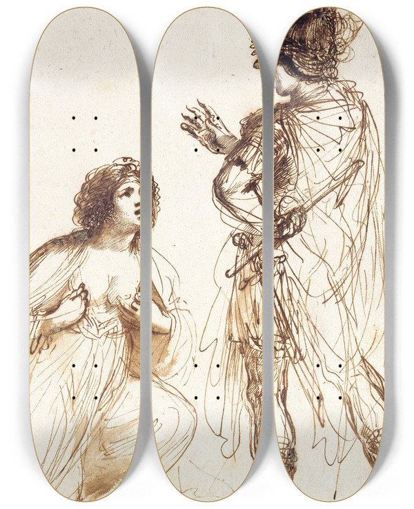 Triptych art skateboard deck of Guercino Cleopatra And Octavian_2 by Guercino (1591-1666)