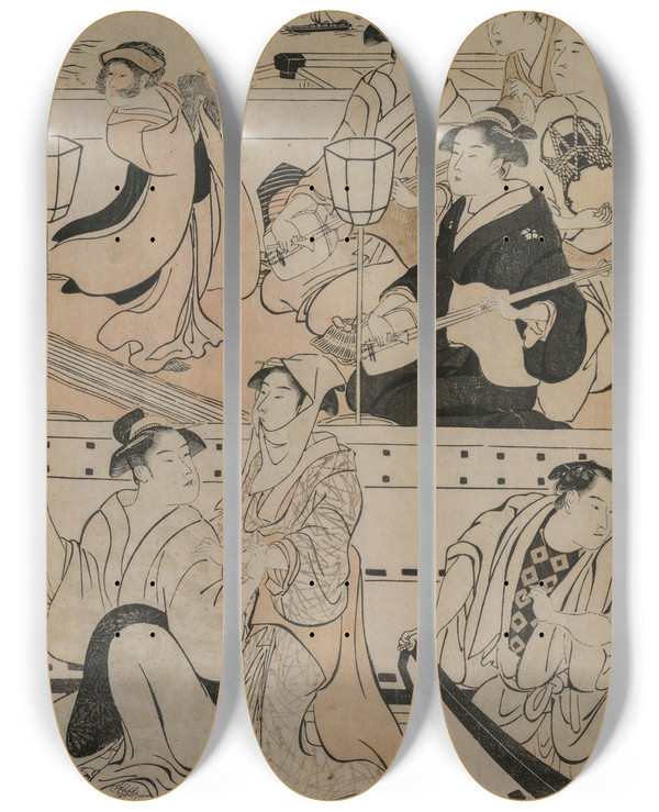 Triptych art skateboard deck of Torii Kiyonaga Boating Party On The Sumida River_2 by Torii Kiyonaga (1752-1815)