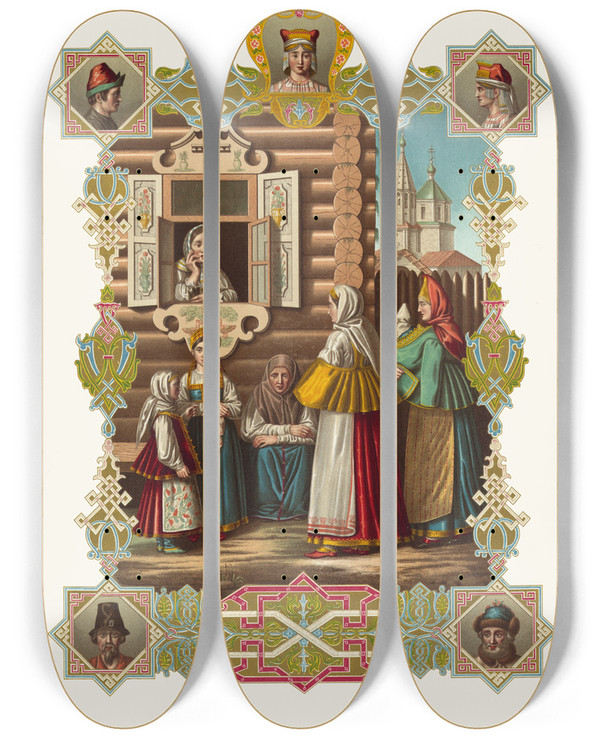 Triptych art skateboard deck of Fedor Grigoryevich Solntsev Torzhkovskaia Odezhda by Fedor Grigoryevich Solntsev (1801-1892)