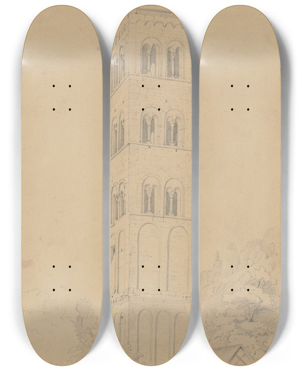 Triptych art skateboard deck of Friedrich Wilhelm Ludwig Nordturm Eulenturm Des Klosters Sankt Peter Und Paul In Hirsau by Friedrich Wilhelm Ludwig (1828)
