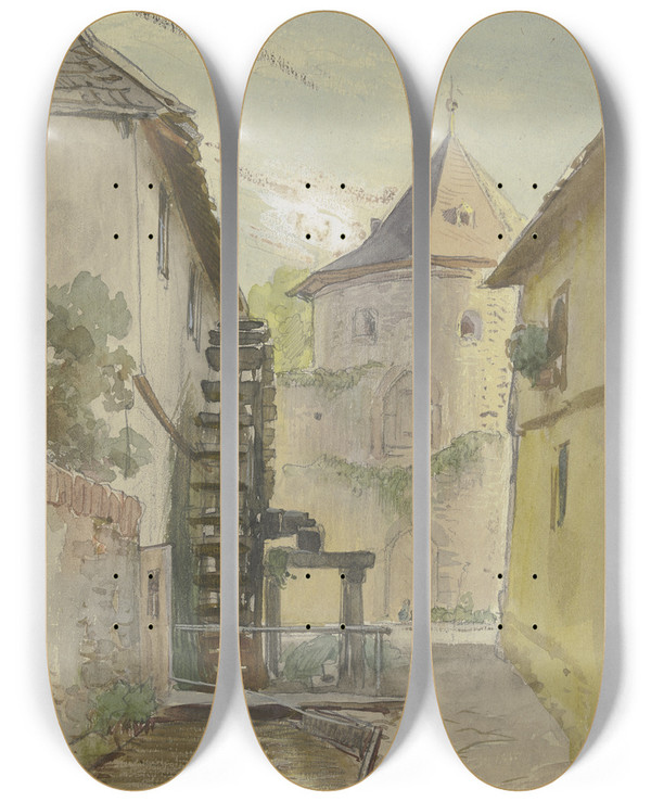 Triptych art skateboard deck of Philipp Rumpf Gsschen Mit Rckseite Einer Mhle by Philipp Rumpf (1821-1896)