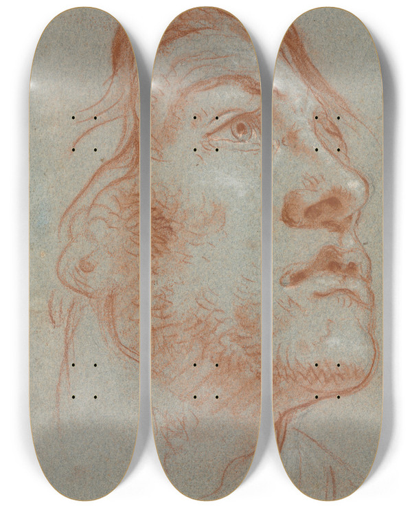 Triptych art skateboard deck of Giovanni Battista Tiepolo The Head Of A Young Man Looking Upwards To The Right by Giovanni Battista Tiepolo (1696-1770)