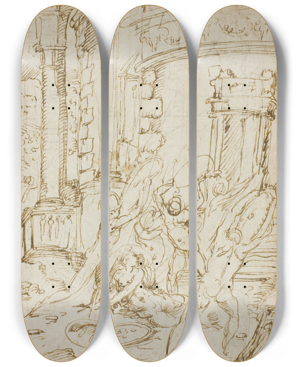 Triptych art skateboard deck of Circle Of Jacopo Zanguidi Study For The Rape Of The Sabines by Circle Of Jacopo Zanguidi (1544-1574)