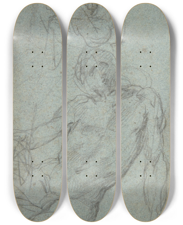 Triptych art skateboard deck of Giulio Cesare Procaccini Studies Of A Seated Nude Male Figure by Giulio Cesare Procaccini (1574-1625)