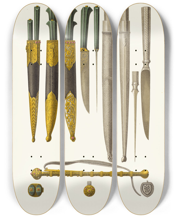Triptych art skateboard deck of Fedor Grigoryevich Solntsev Tsarskie Okhotnichi Nozhi I Pletki by Fedor Grigoryevich Solntsev (1801-1892)
